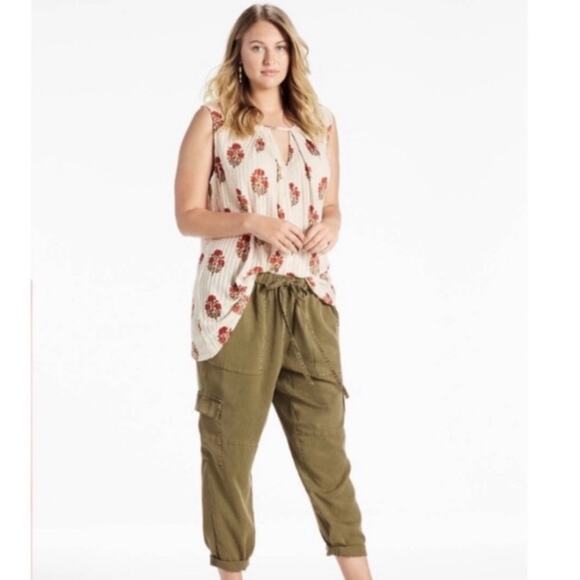 Lucky Brand Floral Oversized Flowy Sleeveless Tunic Top Sz L Linen Blend Ribbed - Picture 2 of 9